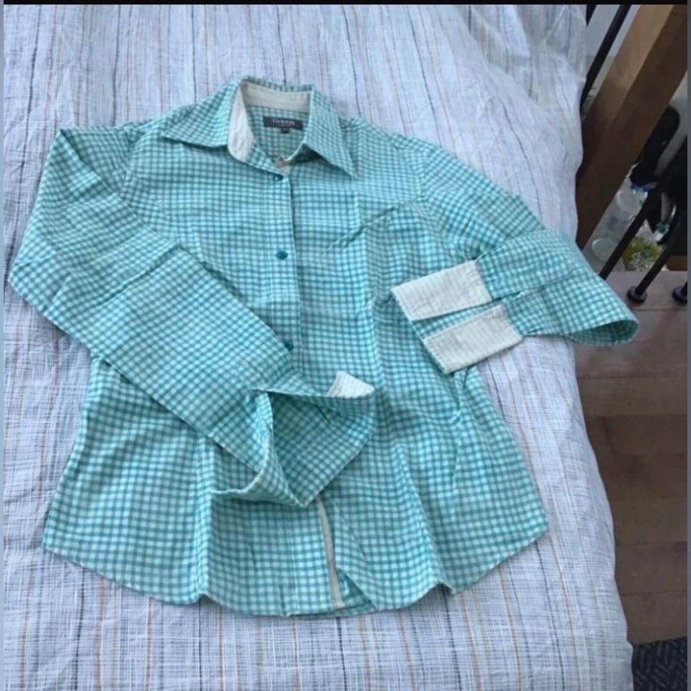 TM LEWIN Womens Shirt Blouse Green White Plaid French Cuff UK 10 US 8 NEW NWOT